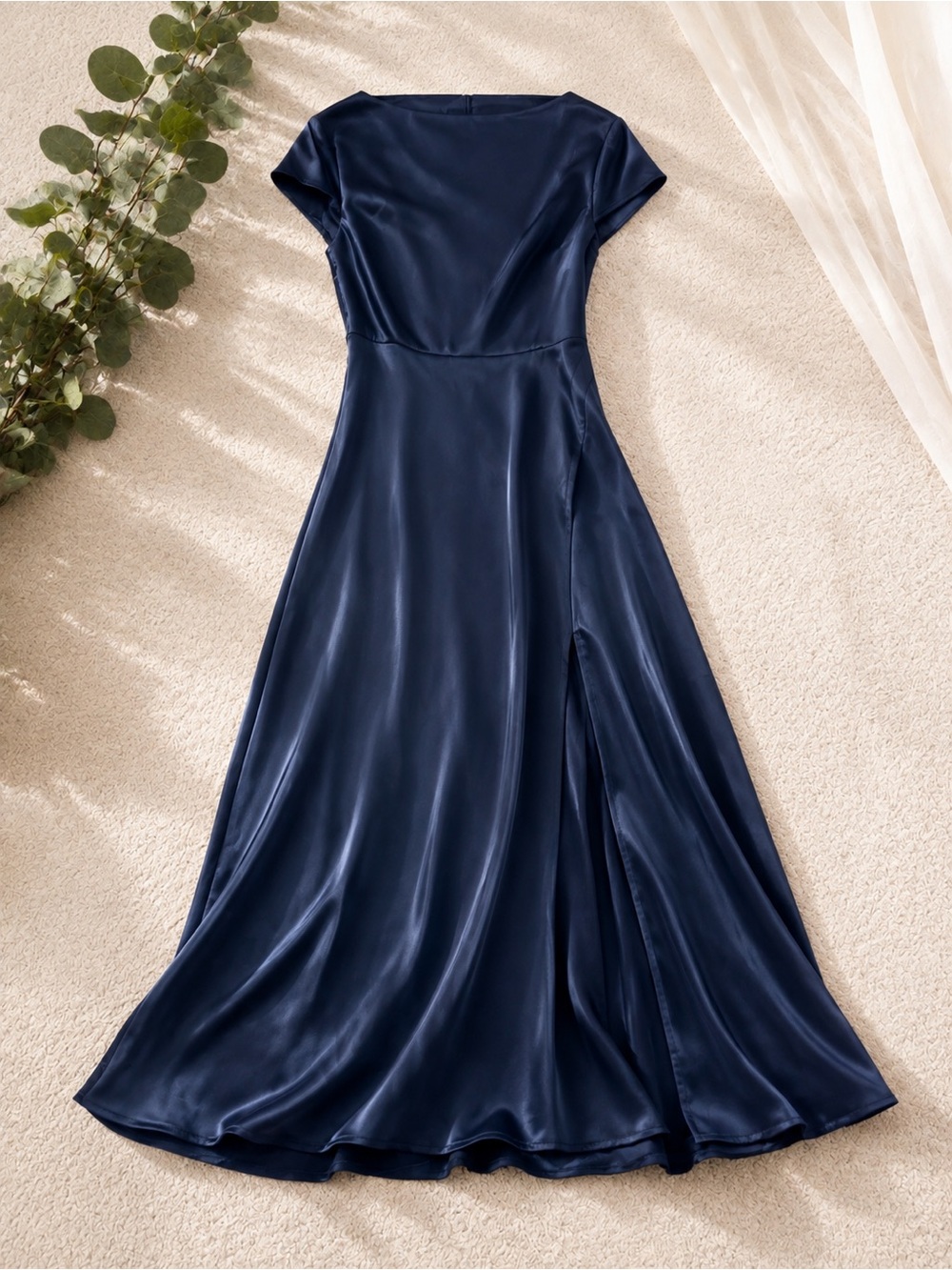 Navy Satin Maxi Dress with Cap Sleeves